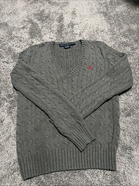Ralph Lauren women’s grey v neck with red pony.